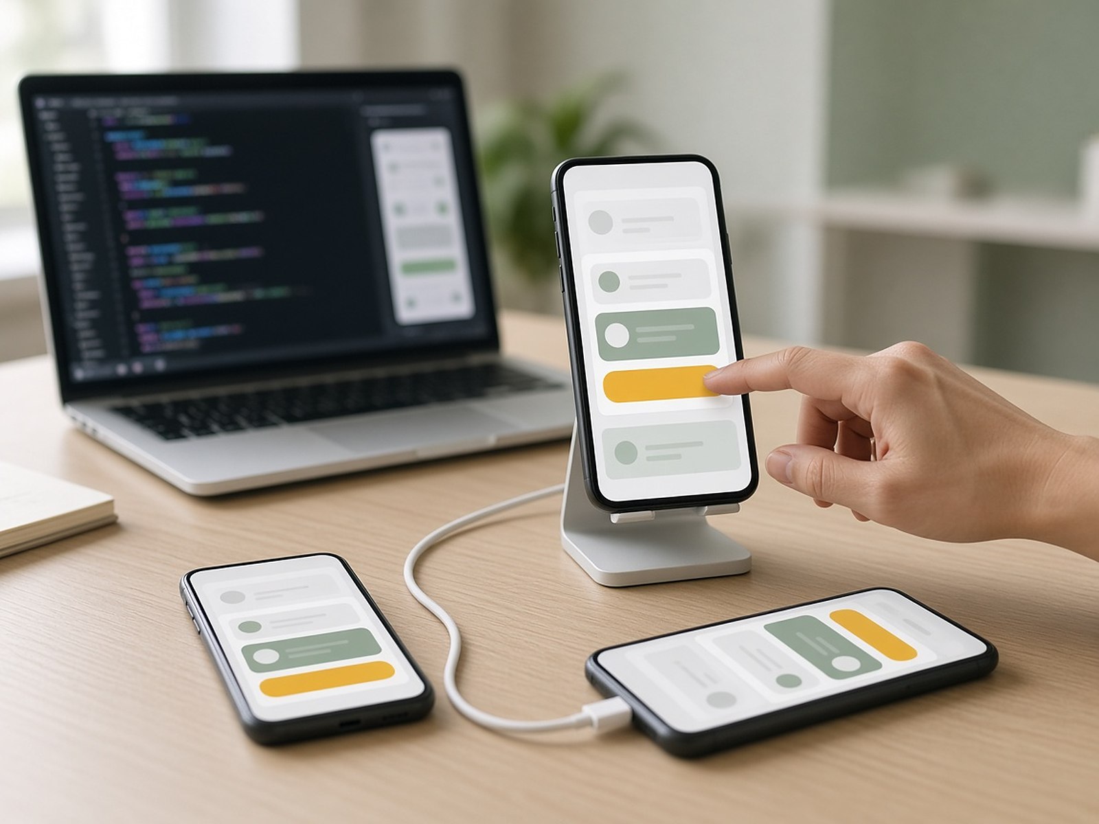 A developer testing a mobile app across several phones, with code open on a laptop