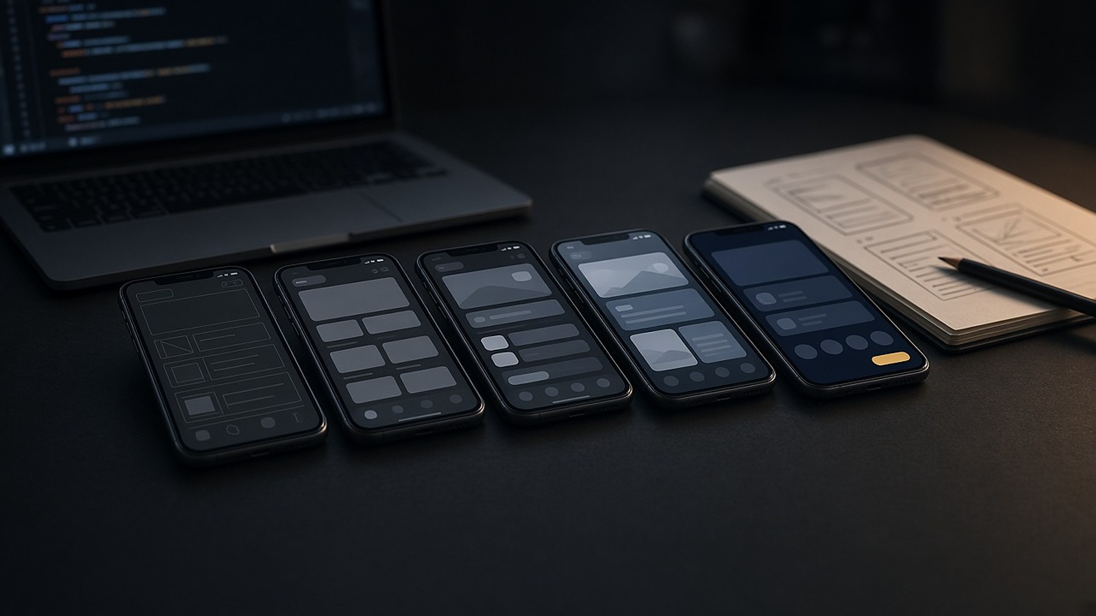Five phones on a studio desk showing one app evolving from wireframe to finished interface