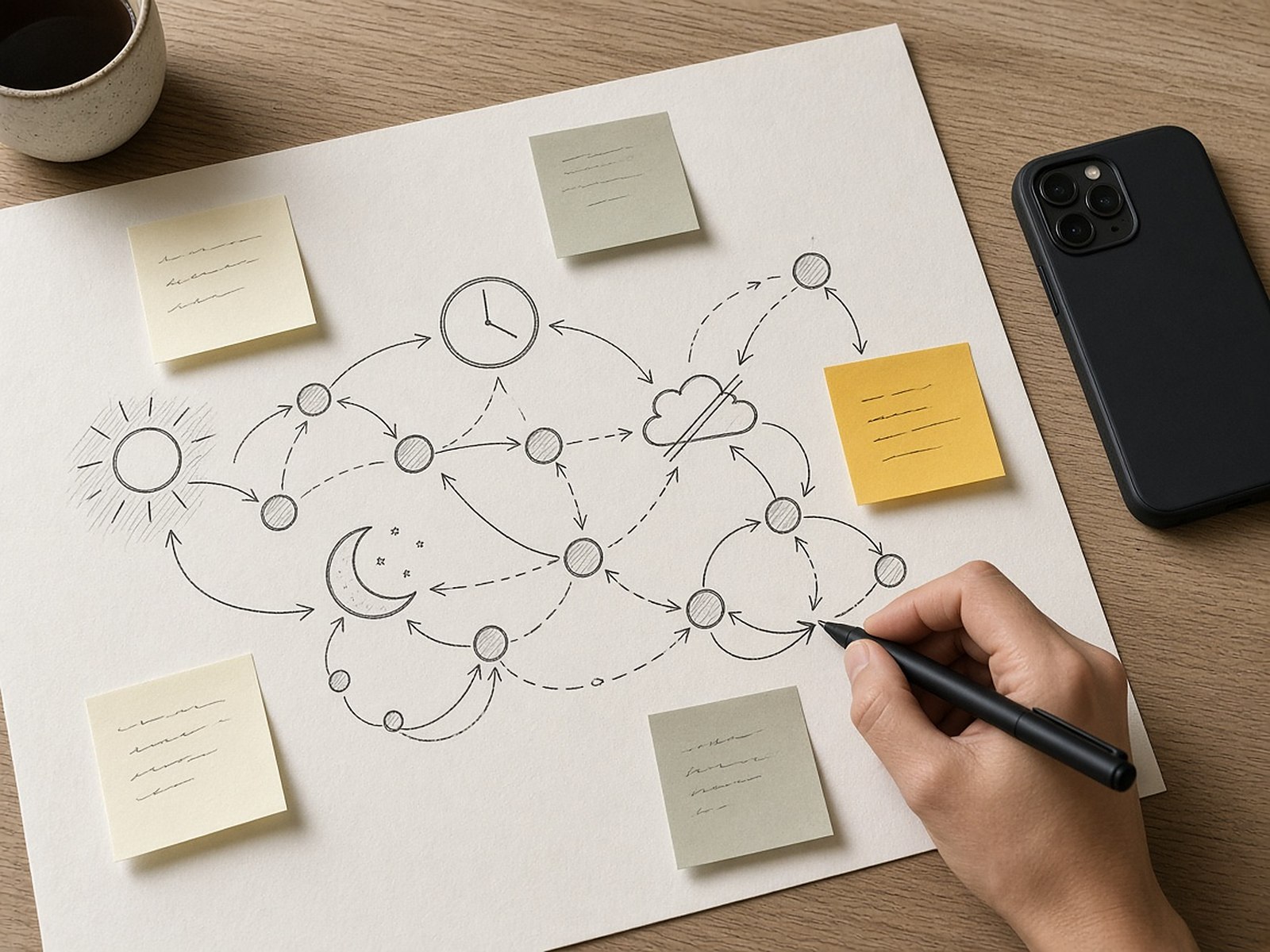 A hand sketching a user behaviour map with sticky notes while a phone lies face down beside it