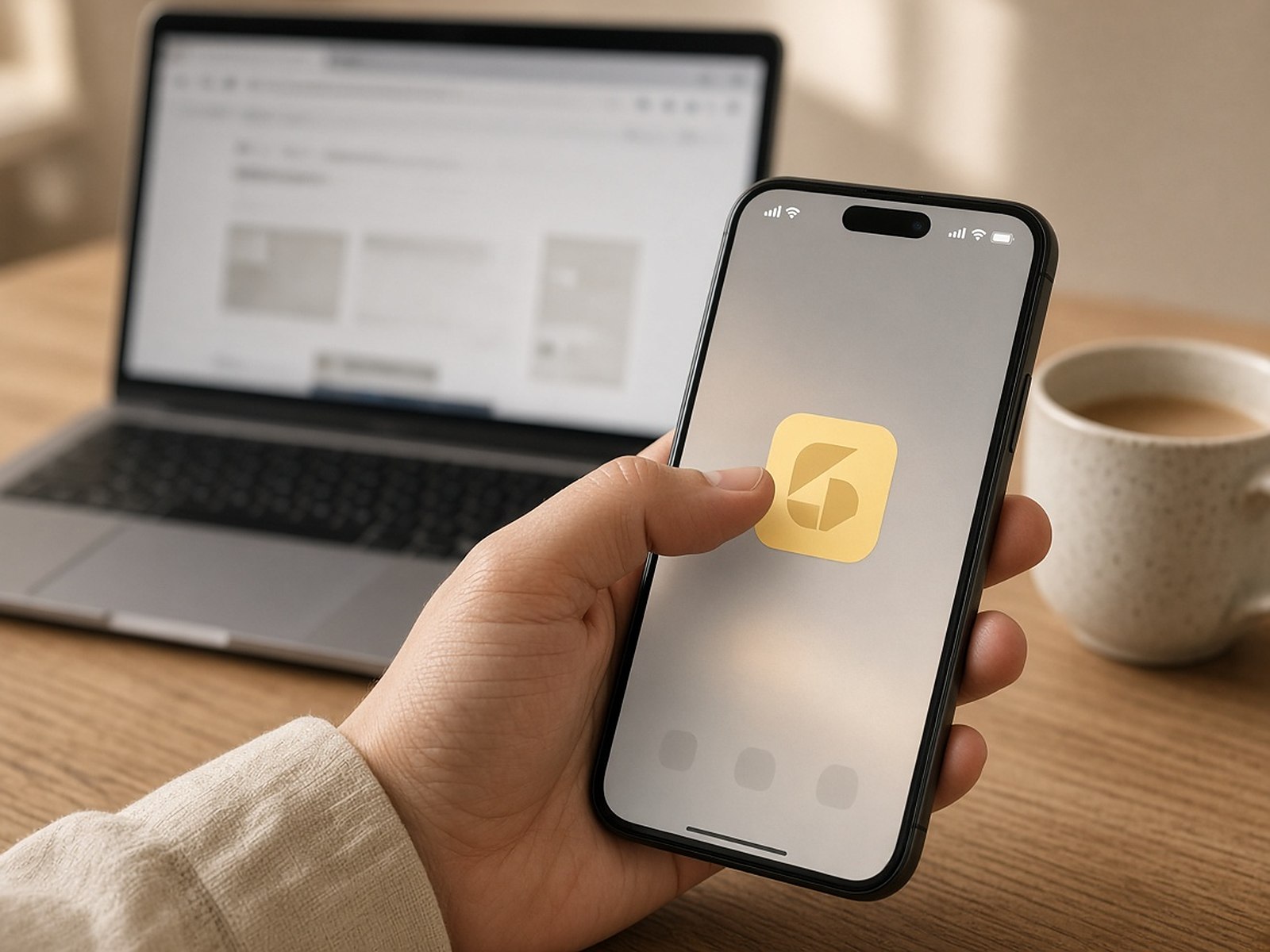 A hand about to tap a single app icon on a phone, with a laptop browser out of focus behind it