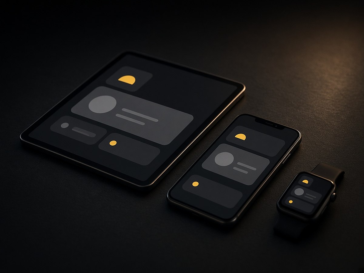 A tablet, phone and watch showing the same app layout across devices