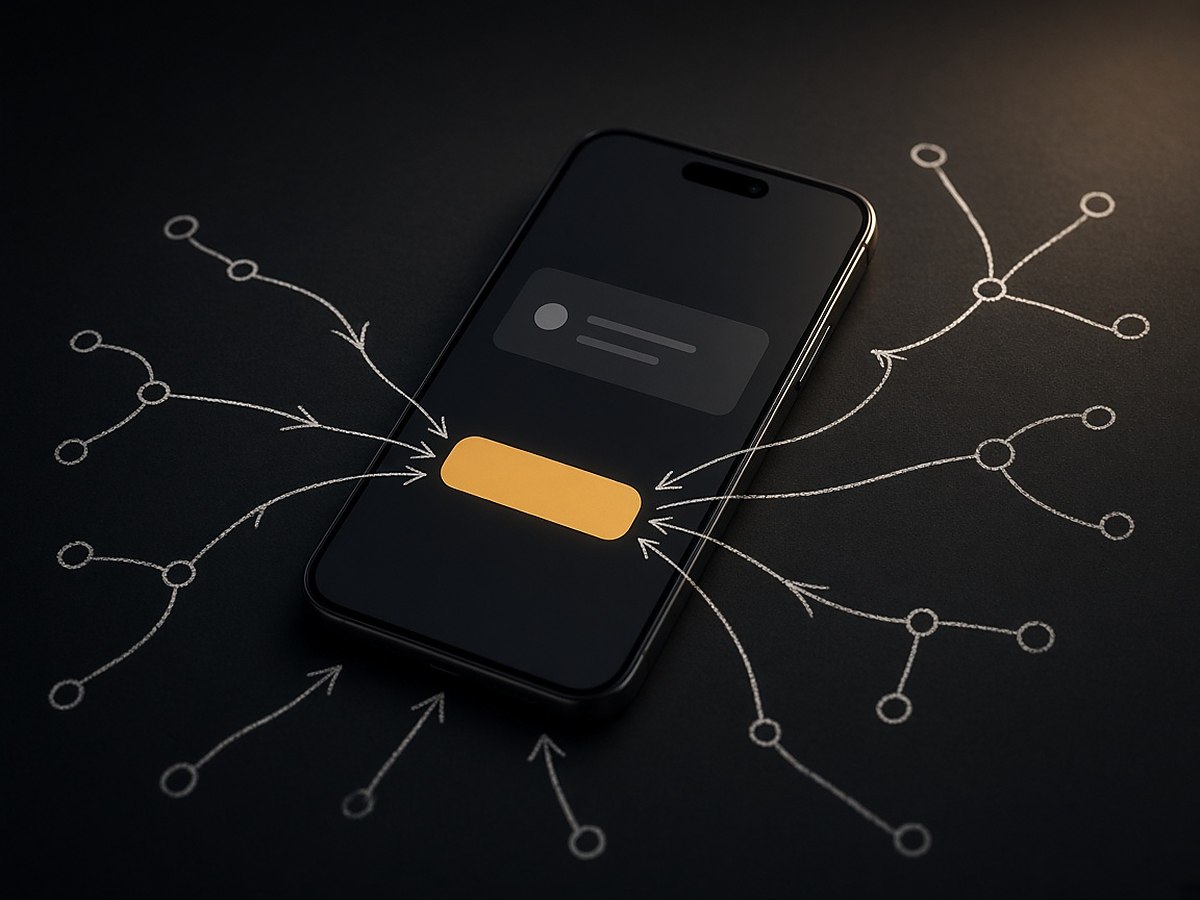 Many user paths drawn on a desk converging on one clear action on a phone screen
