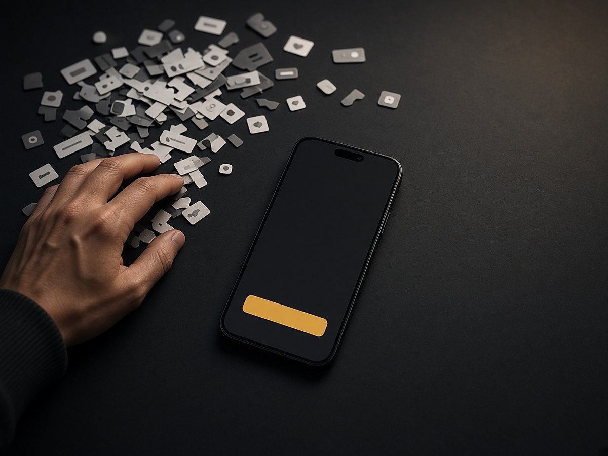 A hand sweeping paper interface pieces away from a phone with one simple action