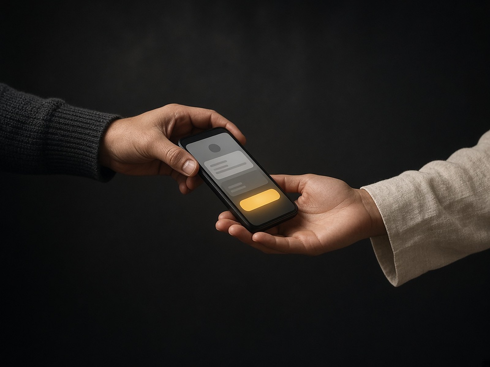 One hand passing a phone with a finished app on screen into another person's open hand